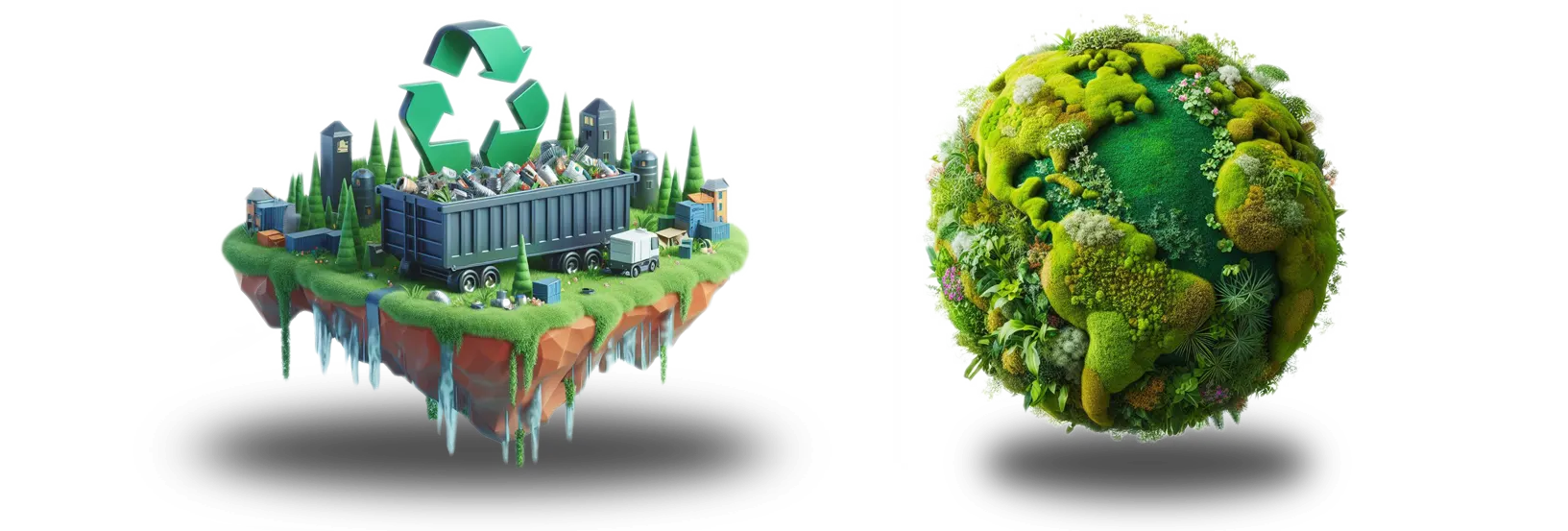 Escombrera flotante y bola del mundo con vegetación